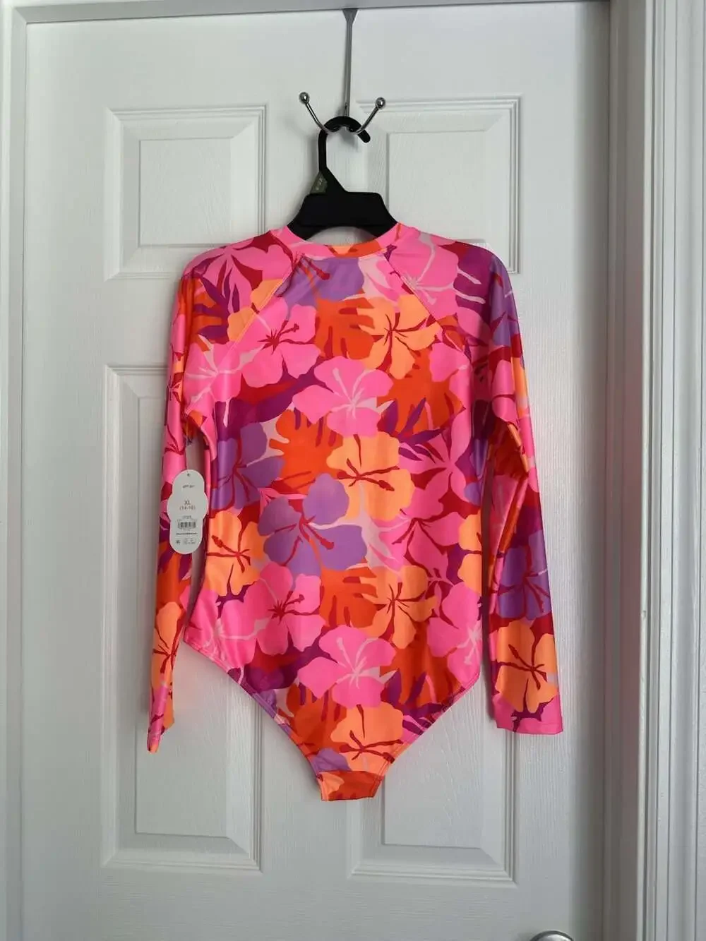 NWT Girls’ Tropical Hibiscus Long-Sleeve One-Piece Swimsuit